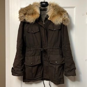 Obakki military style coat, genuine recycled fur collar